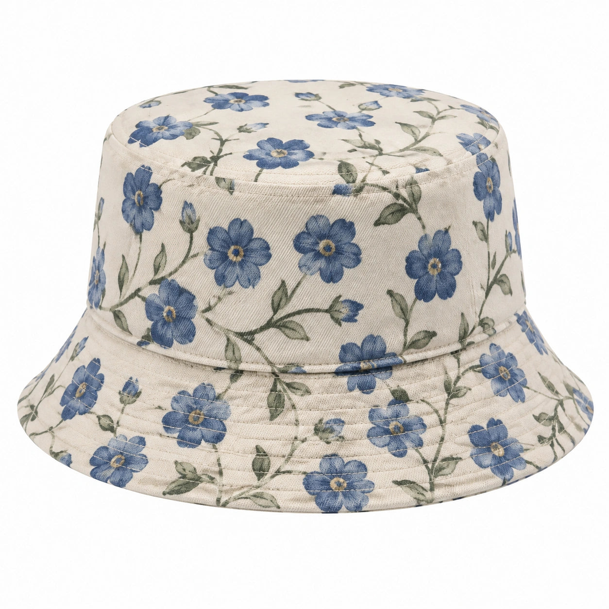 Chapeau bob taille unique en tissu écru bleu et vert à motif floral décontracté
