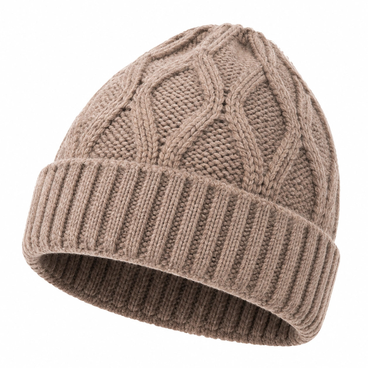 Bonnet taille unique en maille beige à revers motif torsadé