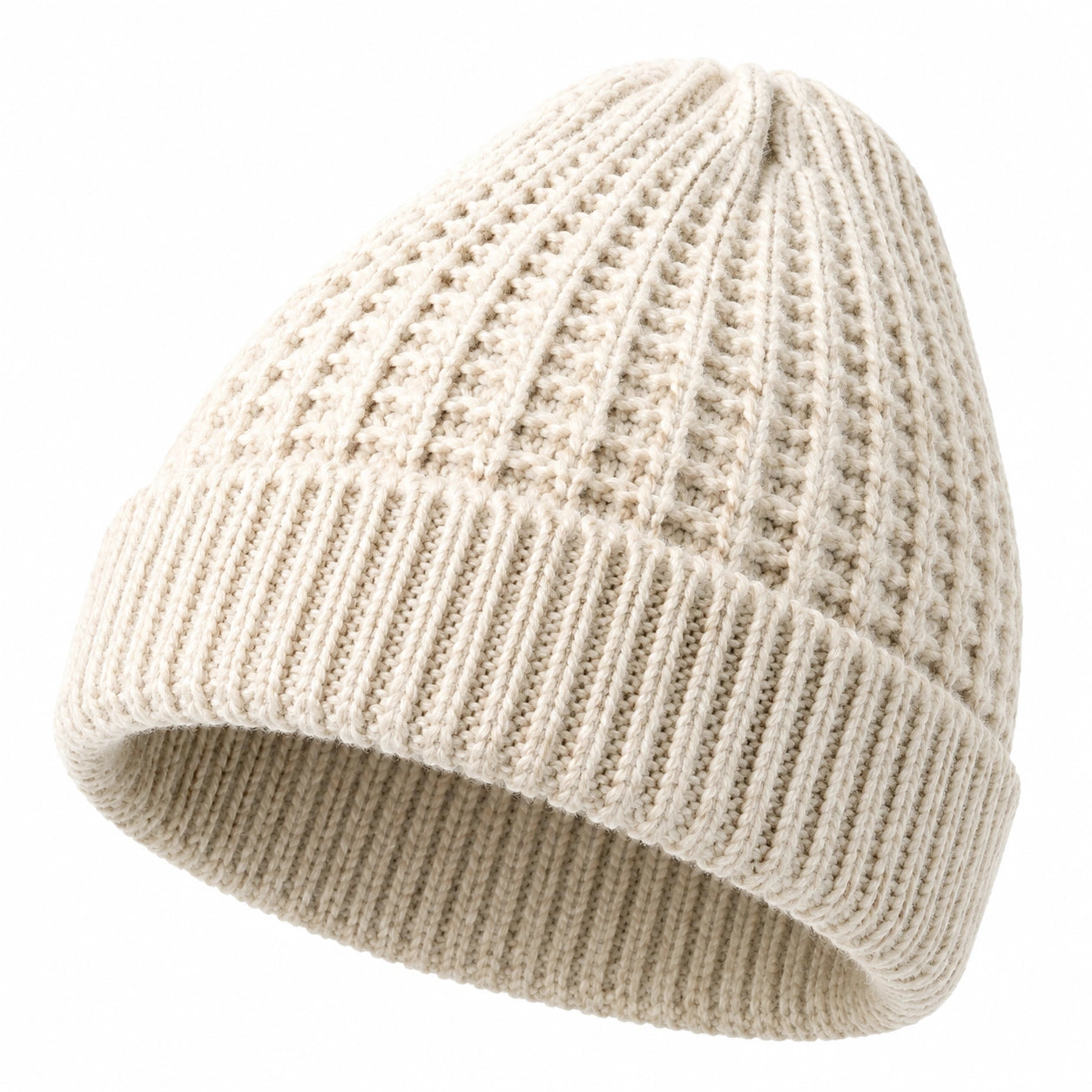 Bonnet taille unique en maille écru à revers côtelé