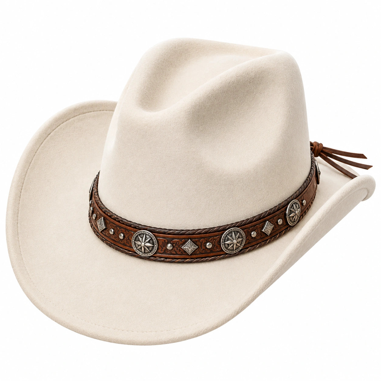 Chapeau cowboy taille unique beige en textile effet suédé style western à bande décorative