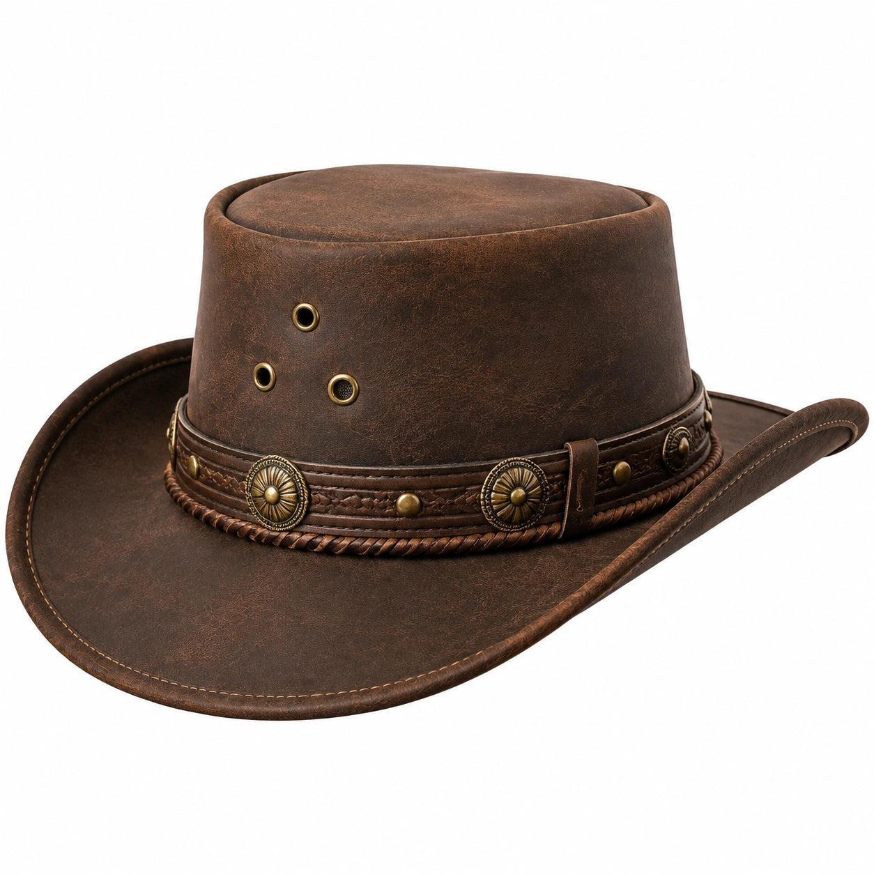 Chapeau cowboy taille unique marron aspect cuir à œillets décoratifs style western