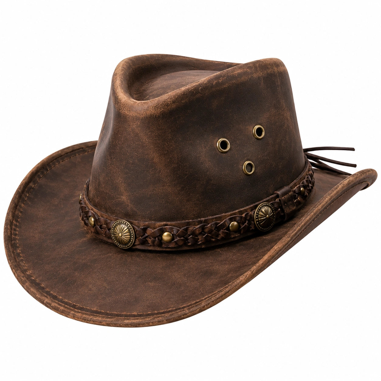 Chapeau cowboy taille unique brun en matière synthétique effet cuir avec bande tressée réglable